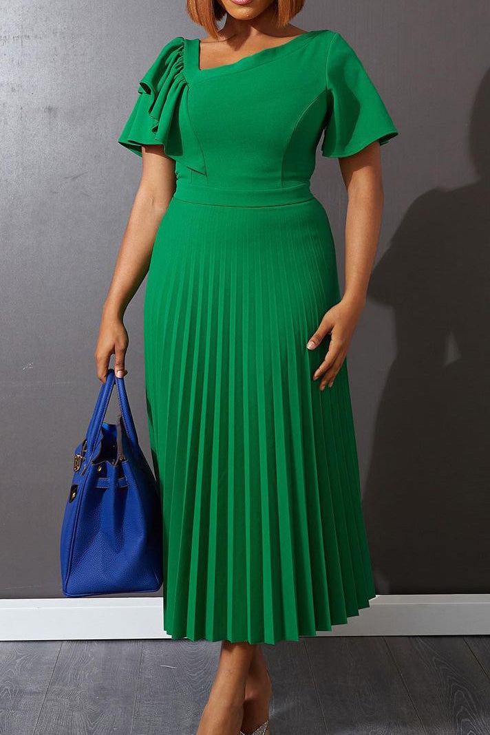 Pleated Flounce Sleeve Slim Fit Dress Lavish Daily