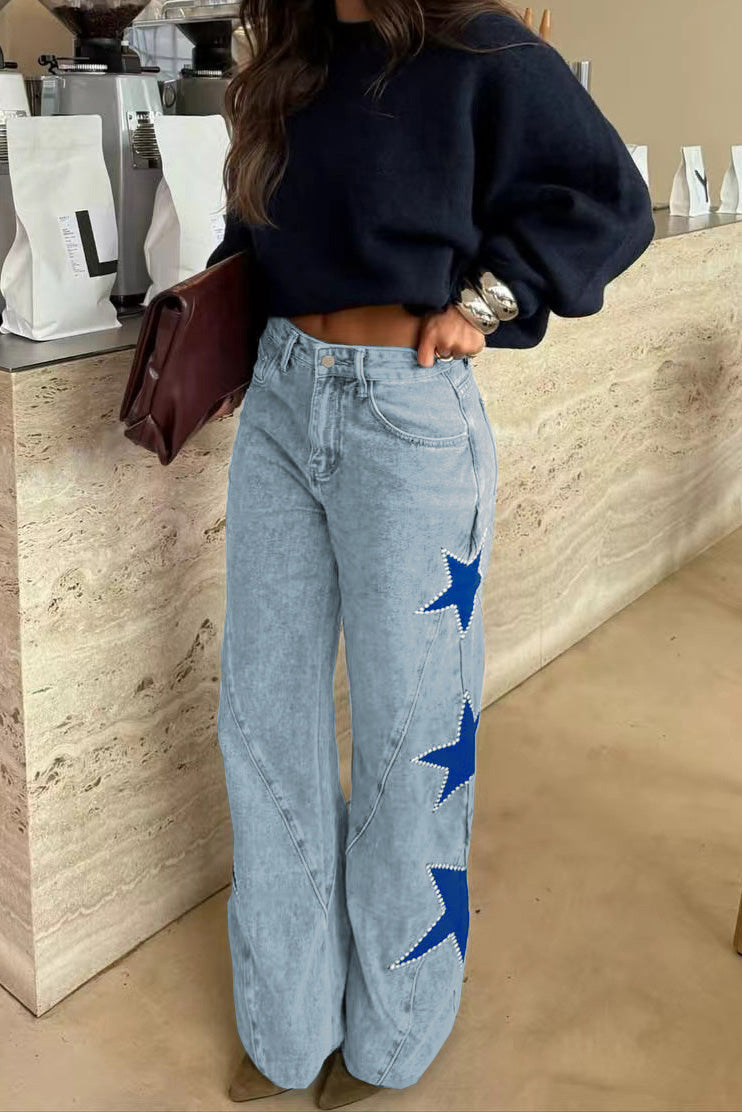 High-Waisted Star Patch Wide Leg Jeans Lavish Daily