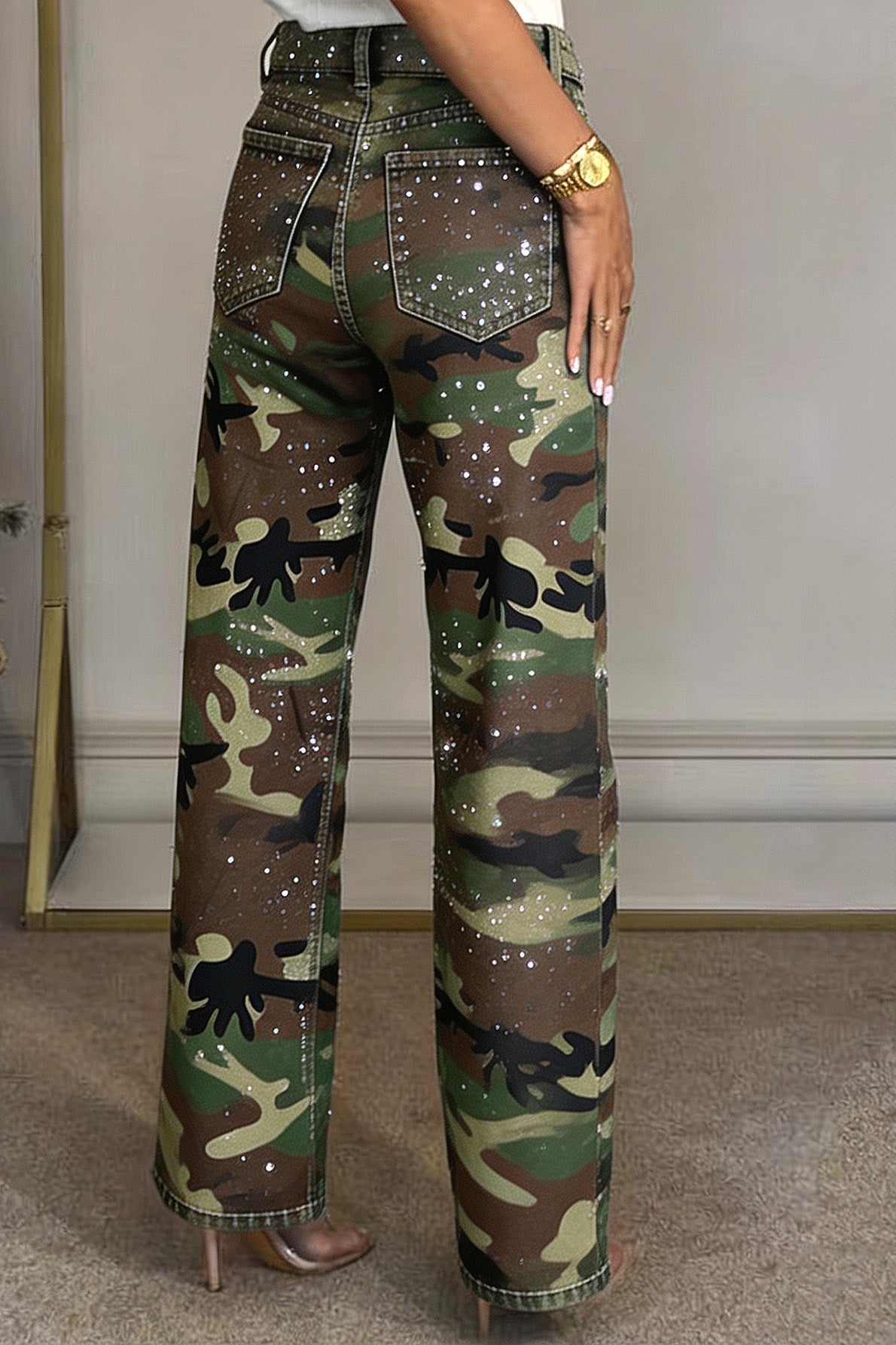 Rhinestone Camo Straight Leg Jeans Lavish Daily