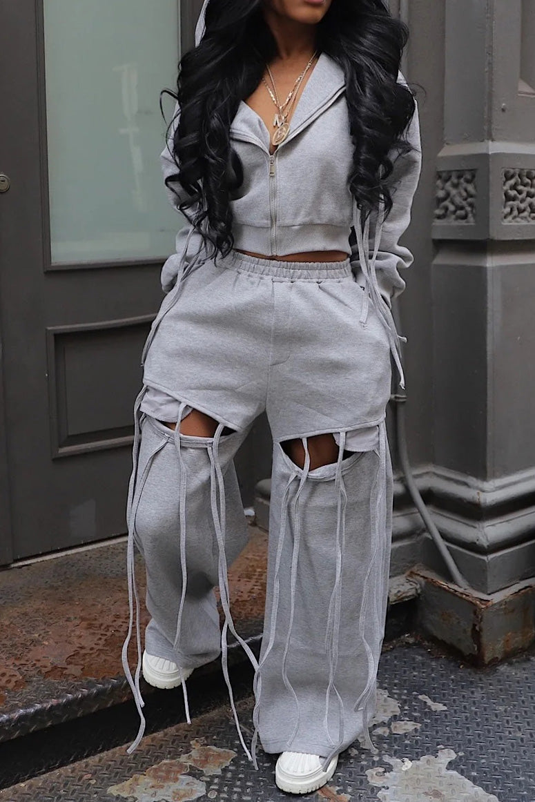 Hooded Zip-Up Sweatshirt & Distressed Wide-Leg Pants Set Lavish Daily
