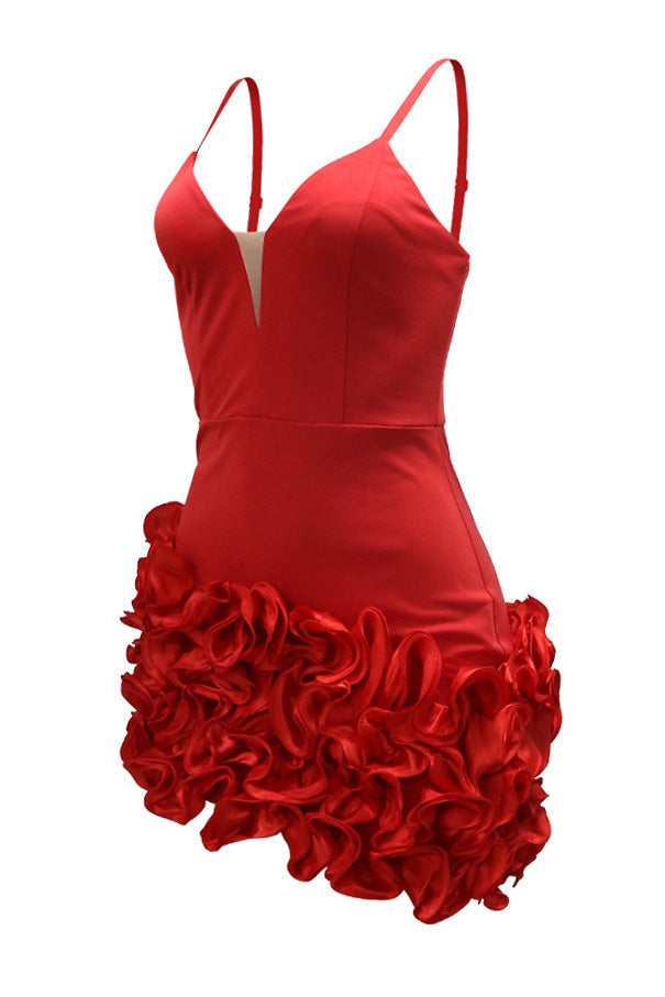 Plunging 3D Ruffle Asymmetrical Mini Dress Lavish Daily