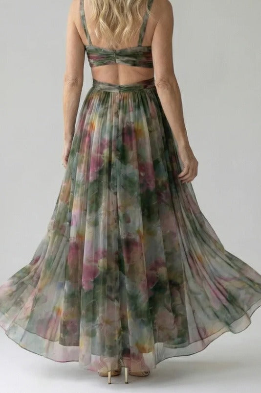Abstract Chiffon Cutout Backless Maxi Dress LavishDaily