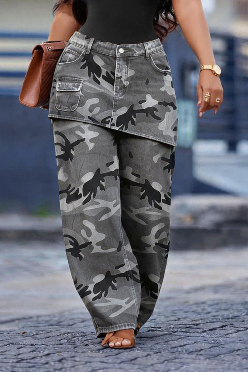 Camo Asymmetrical Skirt Overlay Wide Leg Pants Lavish Daily