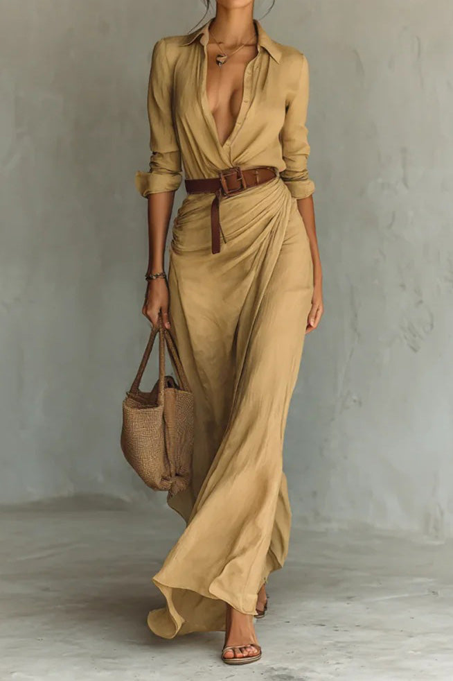 Lapel Buttoned Waist Maxi Dress Lavish Daily