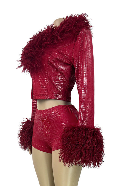 Fur Collar & Cuff Metallic Top and Shorts Set Lavish Daily