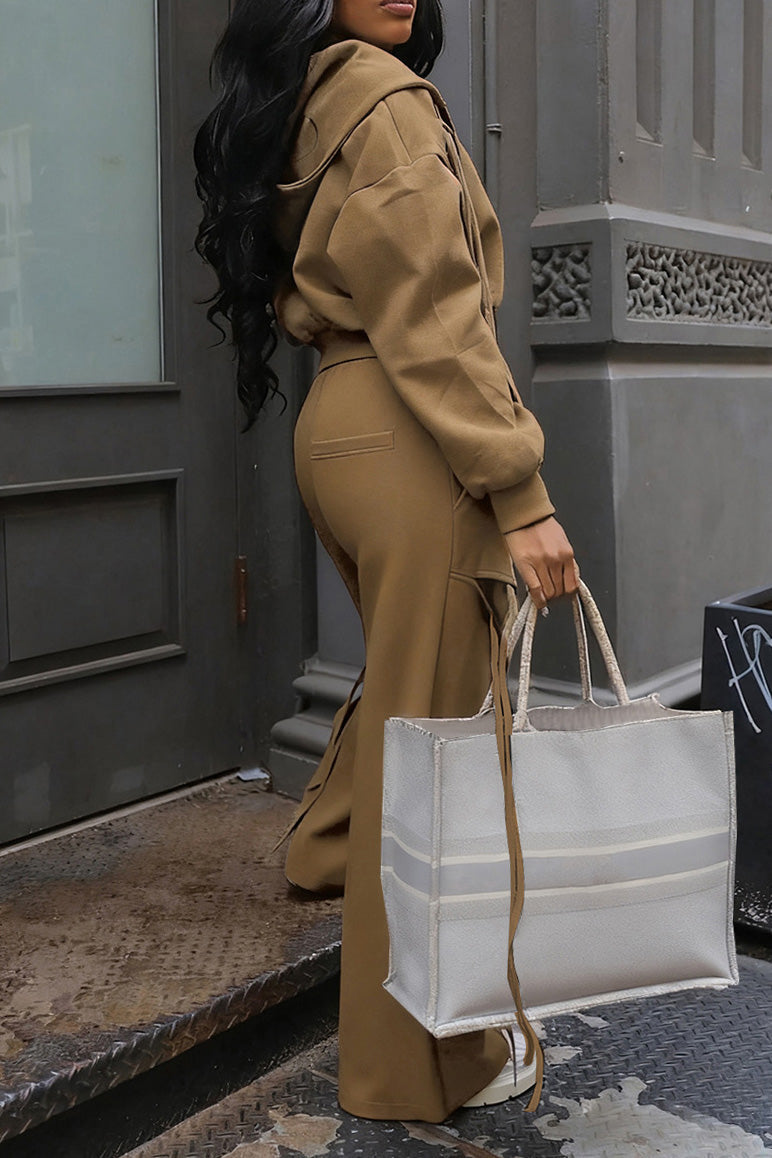 Hooded Zip-Up Sweatshirt & Distressed Wide-Leg Pants Set Lavish Daily