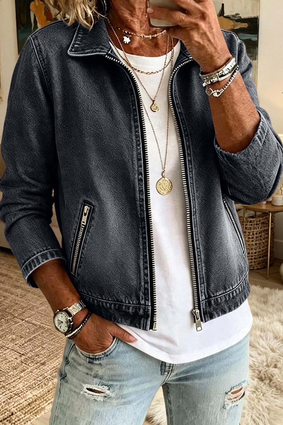 Washed Zip Front Denim Jacket Lavish Daily