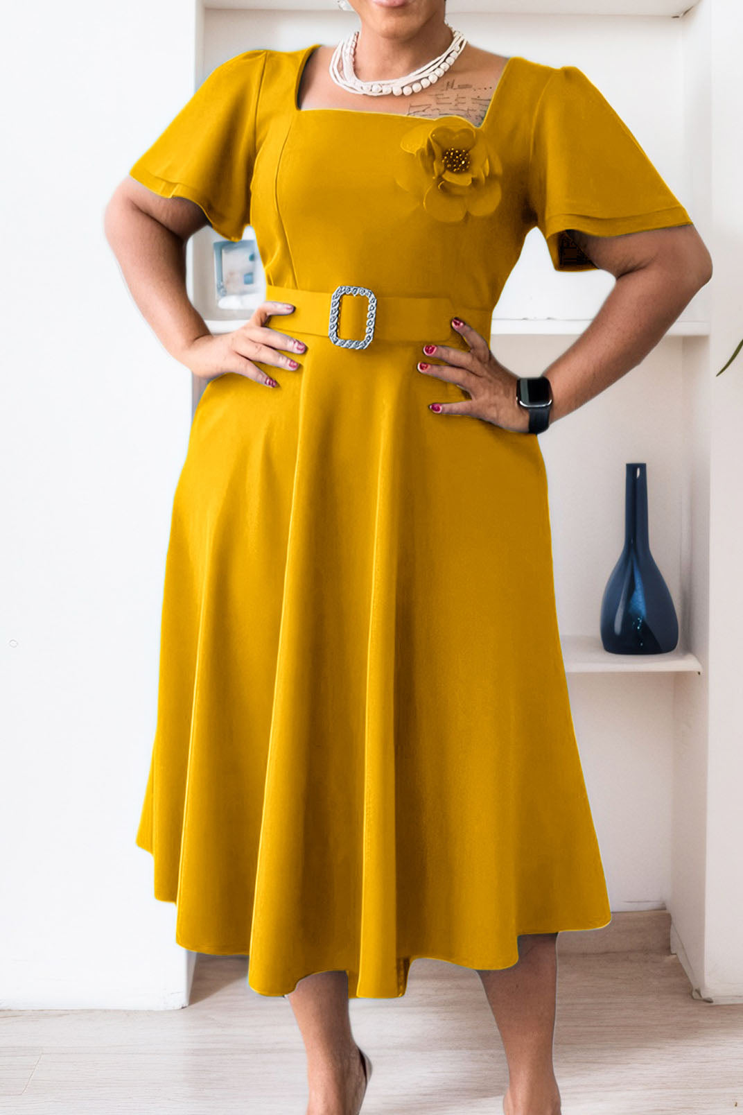 Square Neck High Waist Flared Maxi Dress Lavish Daily