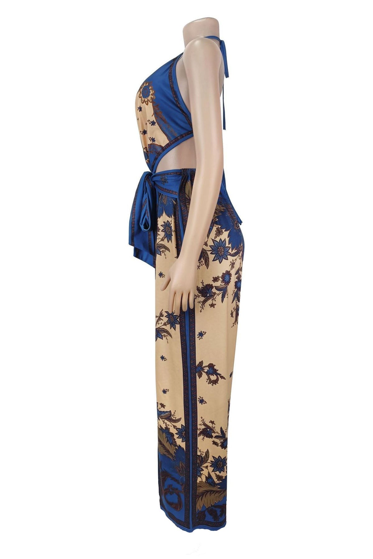 Ornate Print Halter Slit Wide Leg Jumpsuit Lavish Daily