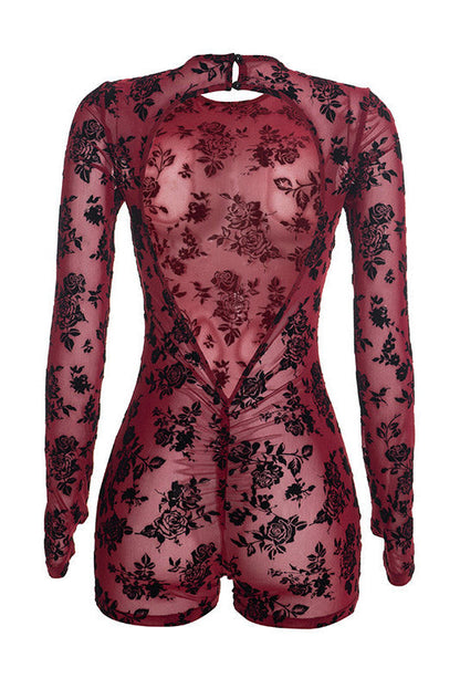Floral Mesh Backless Long-Sleeve Romper Lavish Daily