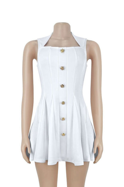 Square Neck Button Front Pleated Mini Dress Lavish Daily