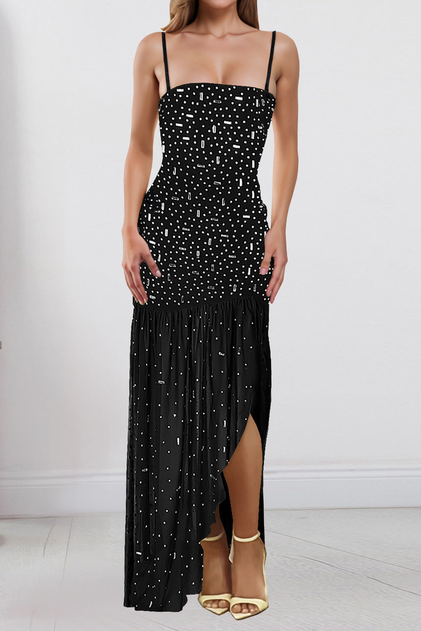 Rhinestone Strap Slit Bodycon Dress Lavish Daily