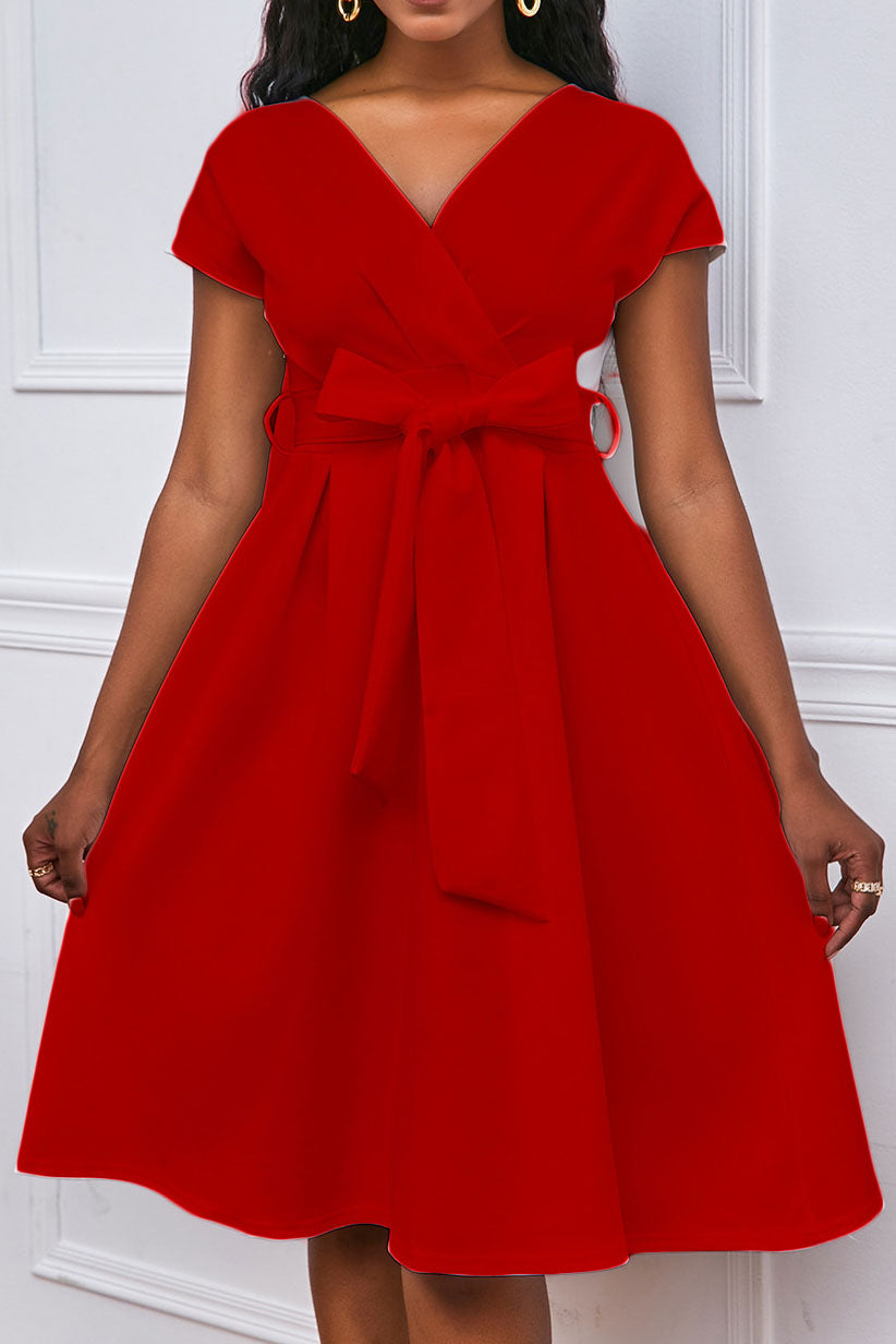 Solid Color Belted Bow Tie Waist Dress Lavish Daily