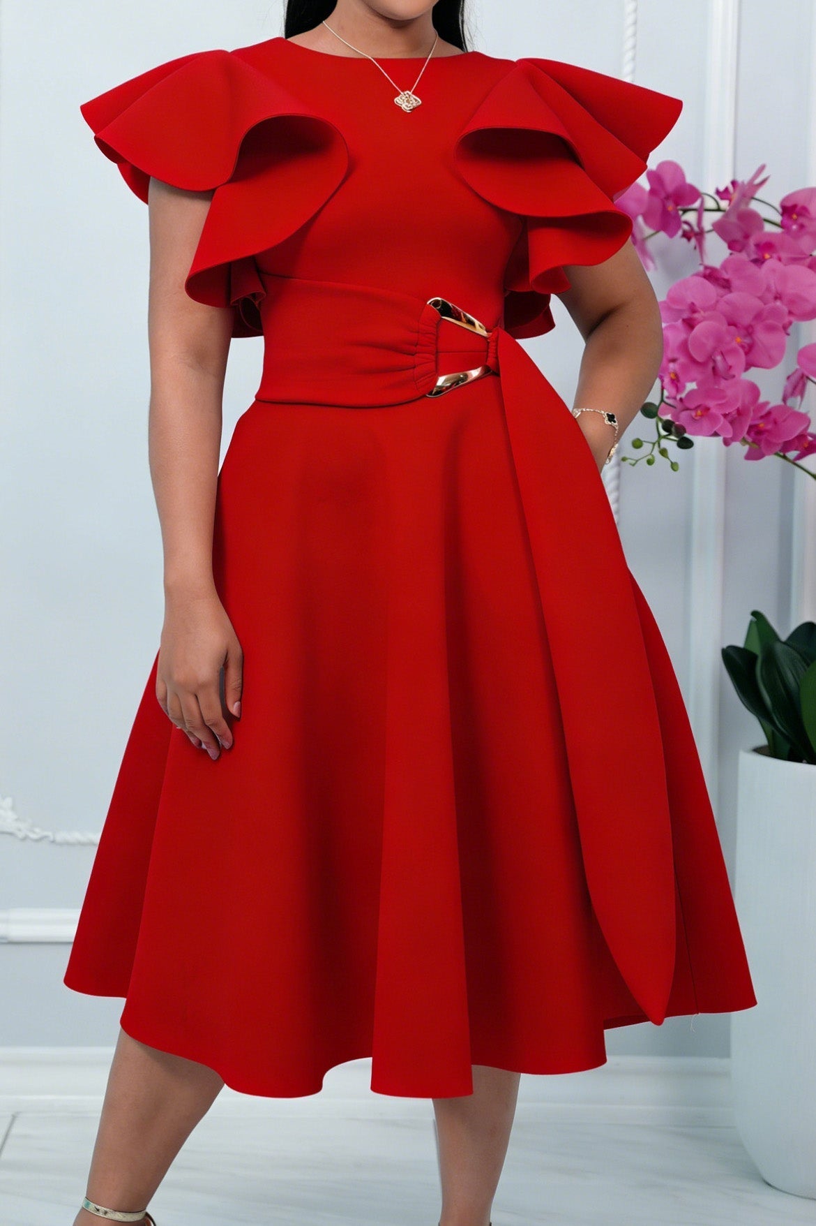 Elegant Ruffle Sleeve Belted Midi Dress Lavish Daily
