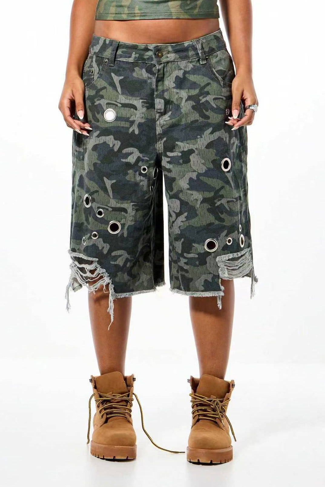 Oversized Grommet Distressed Long Shorts Lavish Daily