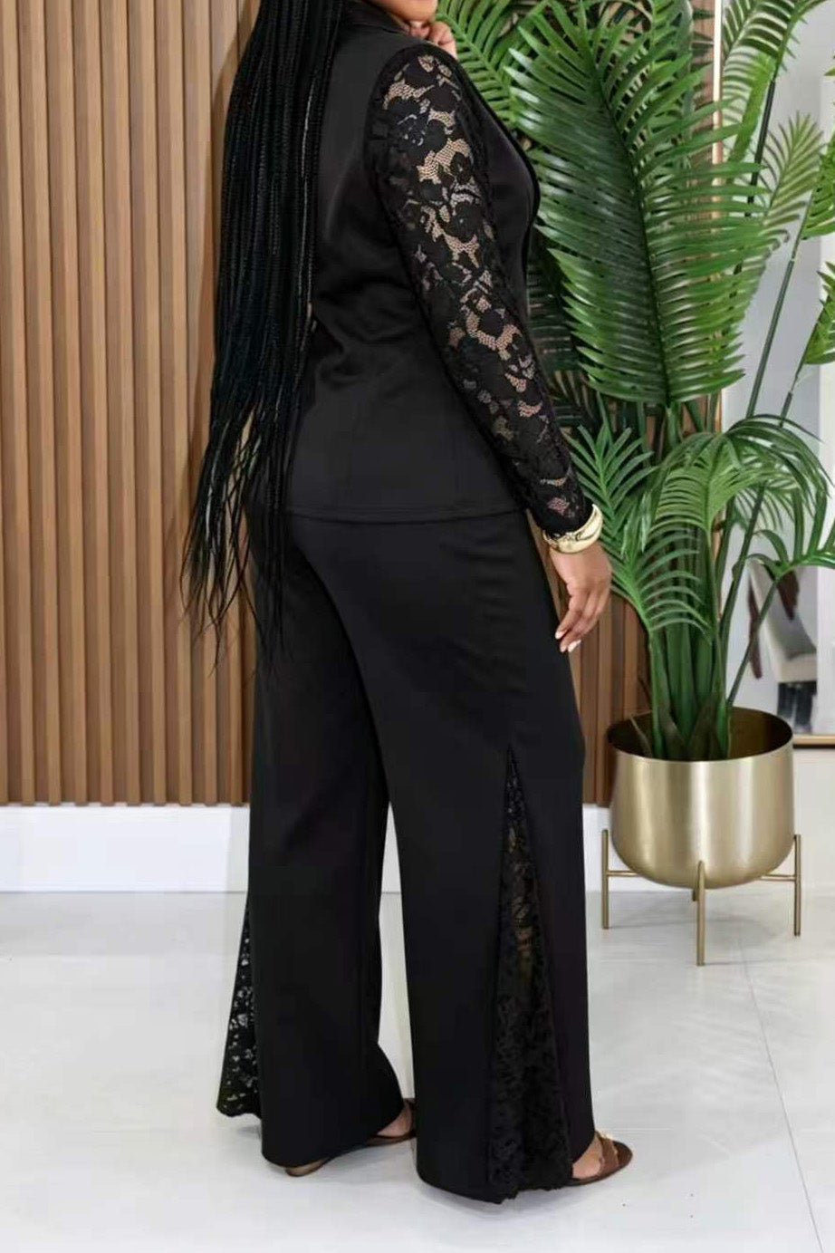 Lace Sleeve Blazer & Wide Leg Pant Set Lavish Daily