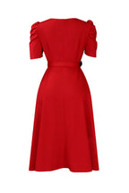 V Neck Short Puff Sleeves High Waist Midi Dress Lavish Daily