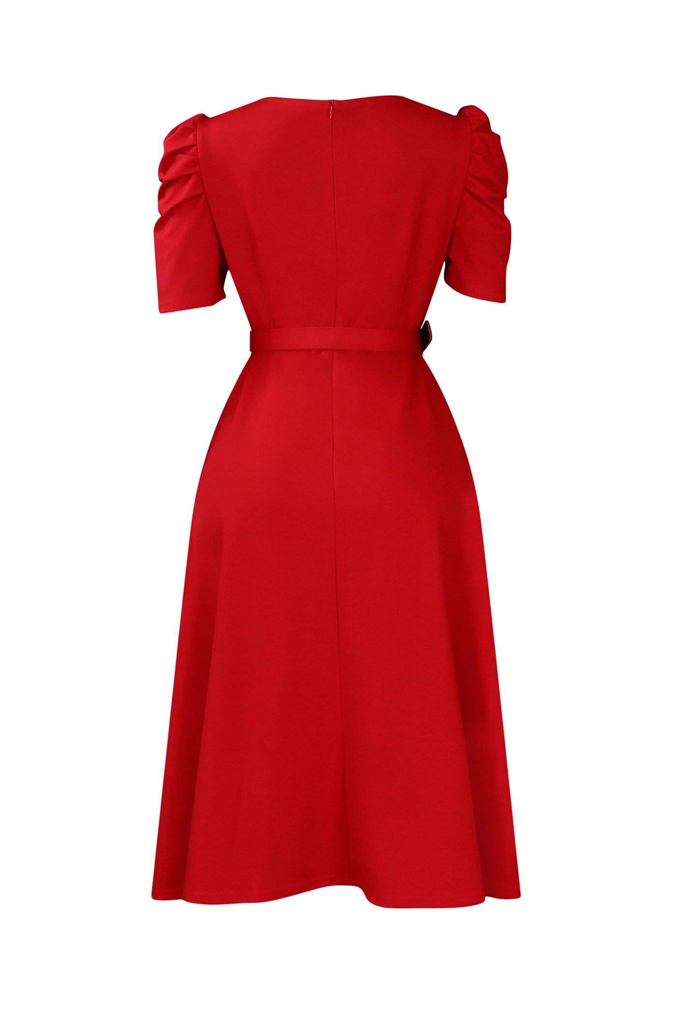 V Neck Short Puff Sleeves High Waist Midi Dress Lavish Daily