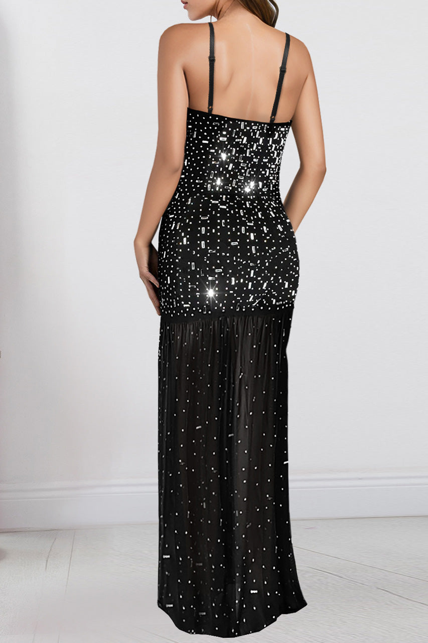 Rhinestone Strap Slit Bodycon Dress Lavish Daily