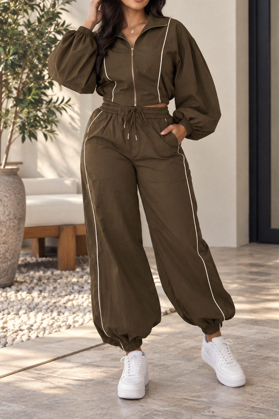 Piped Balloon Sleeve Tracksuit Set Lavish Daily