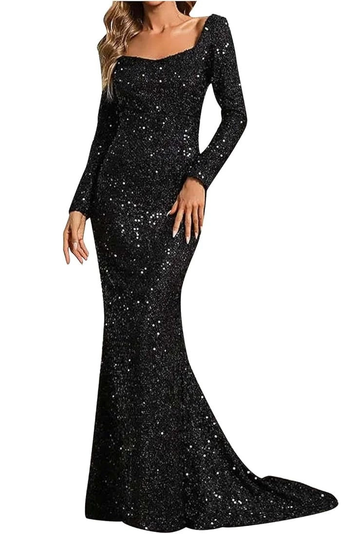 V-Neck Sequin Fitted Long Sleeve Gown Lavish Daily