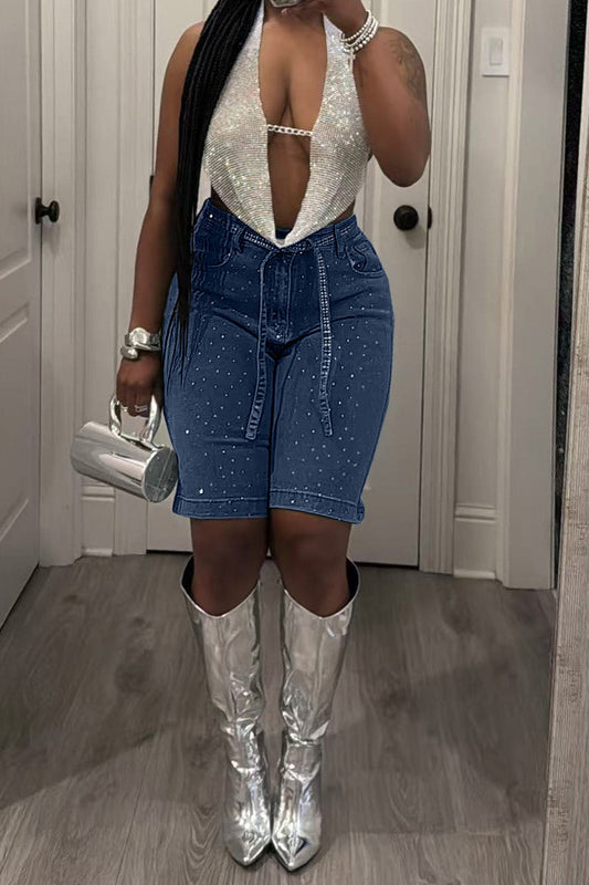 Rhinestone Denim Bermuda Shorts Lavish Daily