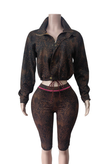 Leopard Cropped Jacket & Biker Short Set Lavish Daily