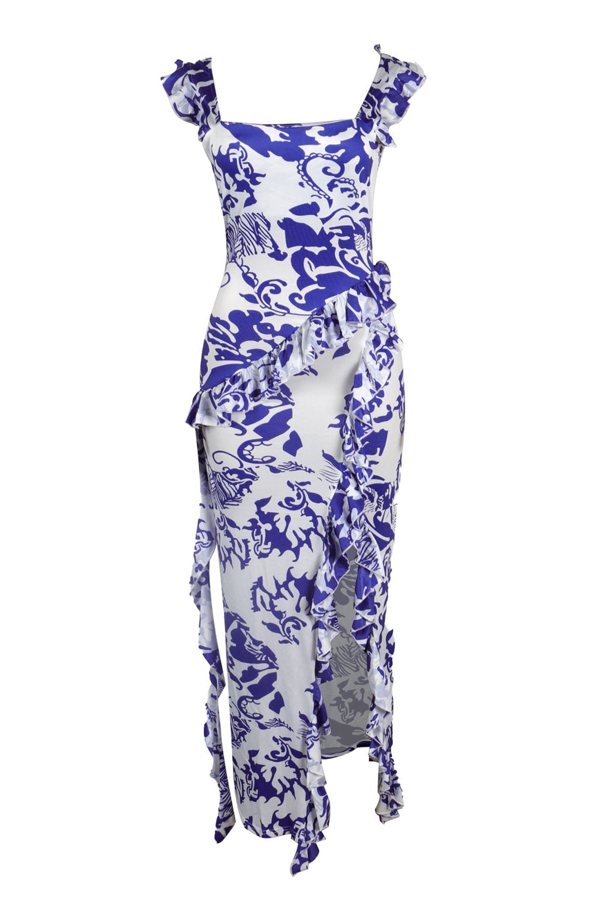Long Strapless Dress With Slits and Tropical Print Lavish Daily