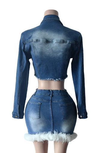 Denim Chic Feather-Trim Set Lavish Daily