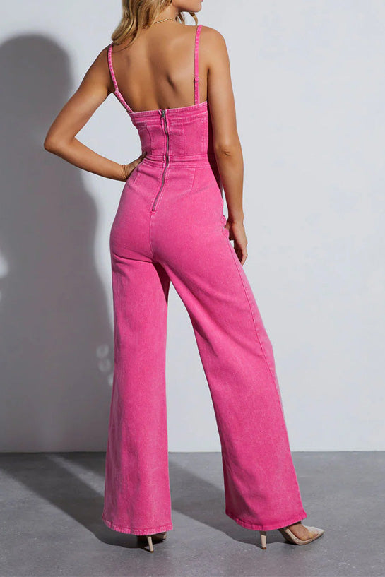 Spaghetti Strap Wide Leg Denim Overalls Lavish Daily