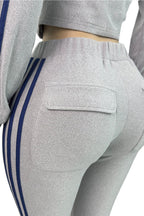 Zip Up Drawstring Stripe Flare Pants Set Lavish Daily