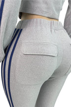Zip Up Drawstring Stripe Flare Pants Set Lavish Daily