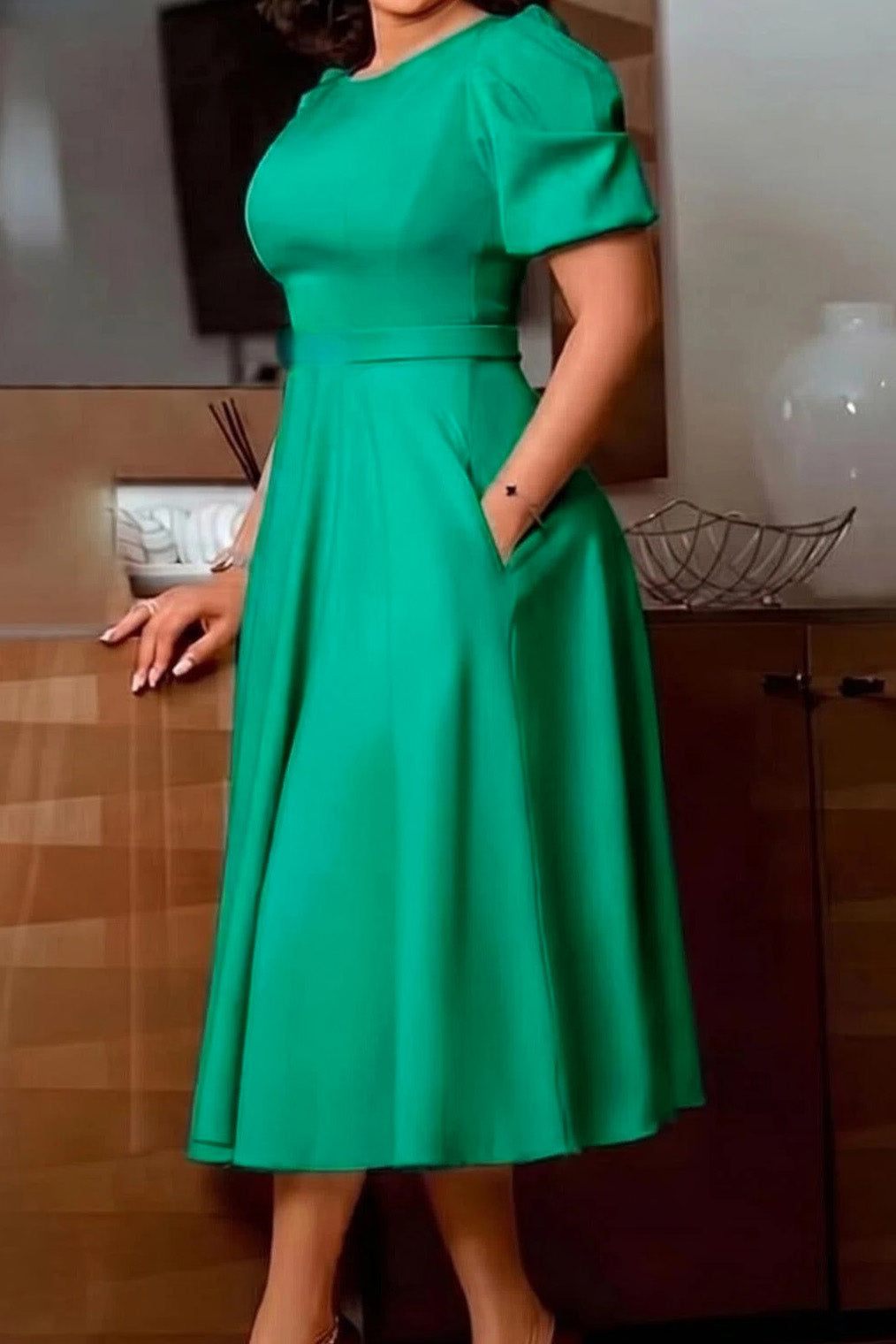 Puff Sleeve Belted A-Line Midi Dress with Pockets Lavish Daily