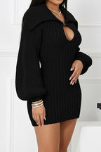 Fold Over Collar Lantern Sleeve Knit Dress Lavish Daily