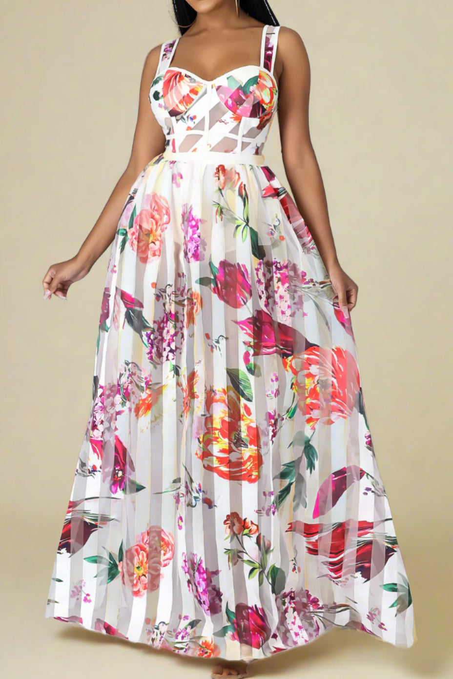 Floral Print Sheer Mesh Maxi Dress Lavish Daily