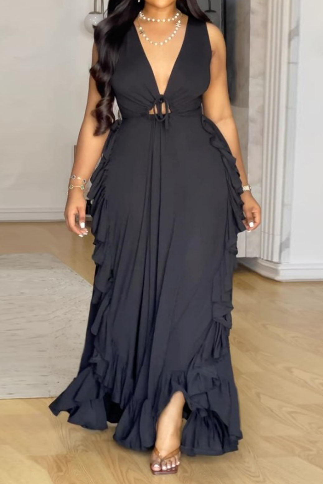 Plus Size Ruffle V-Neck Maxi Dress Lavish Daily