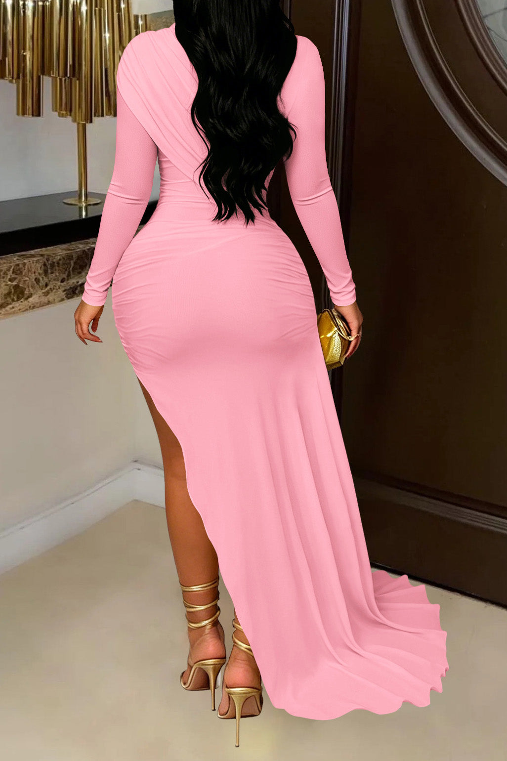 Mock Neck Ruched Mini Dress with Draped Train Lavish Daily