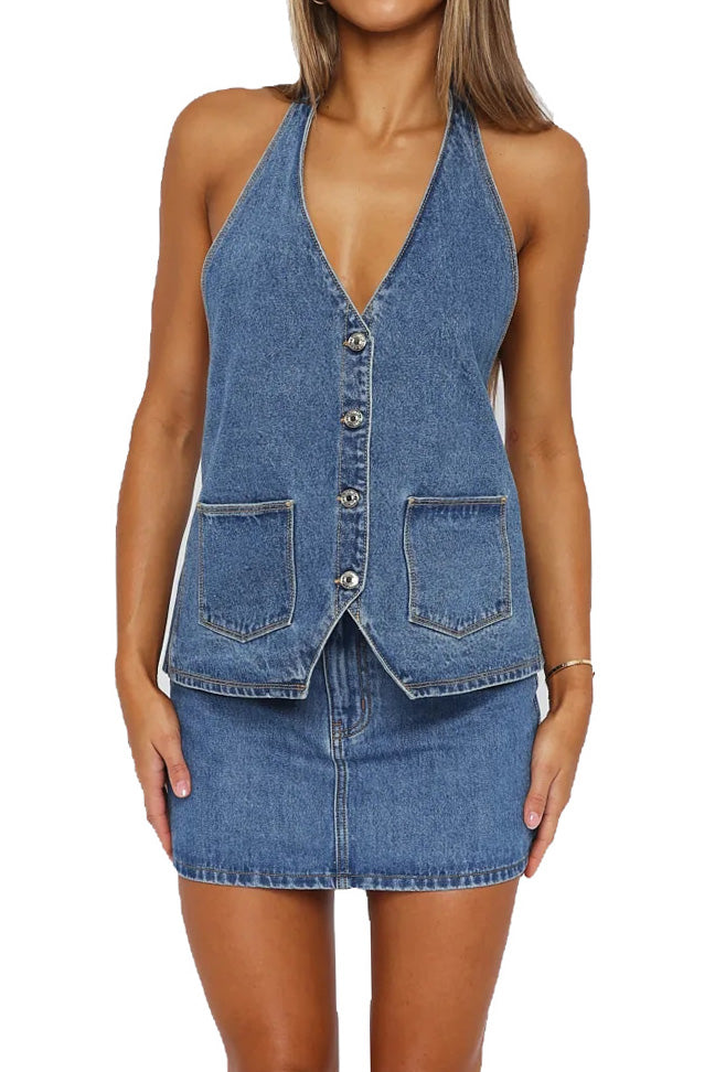 Buttoned Halter Neck Denim Long Top Lavish Daily