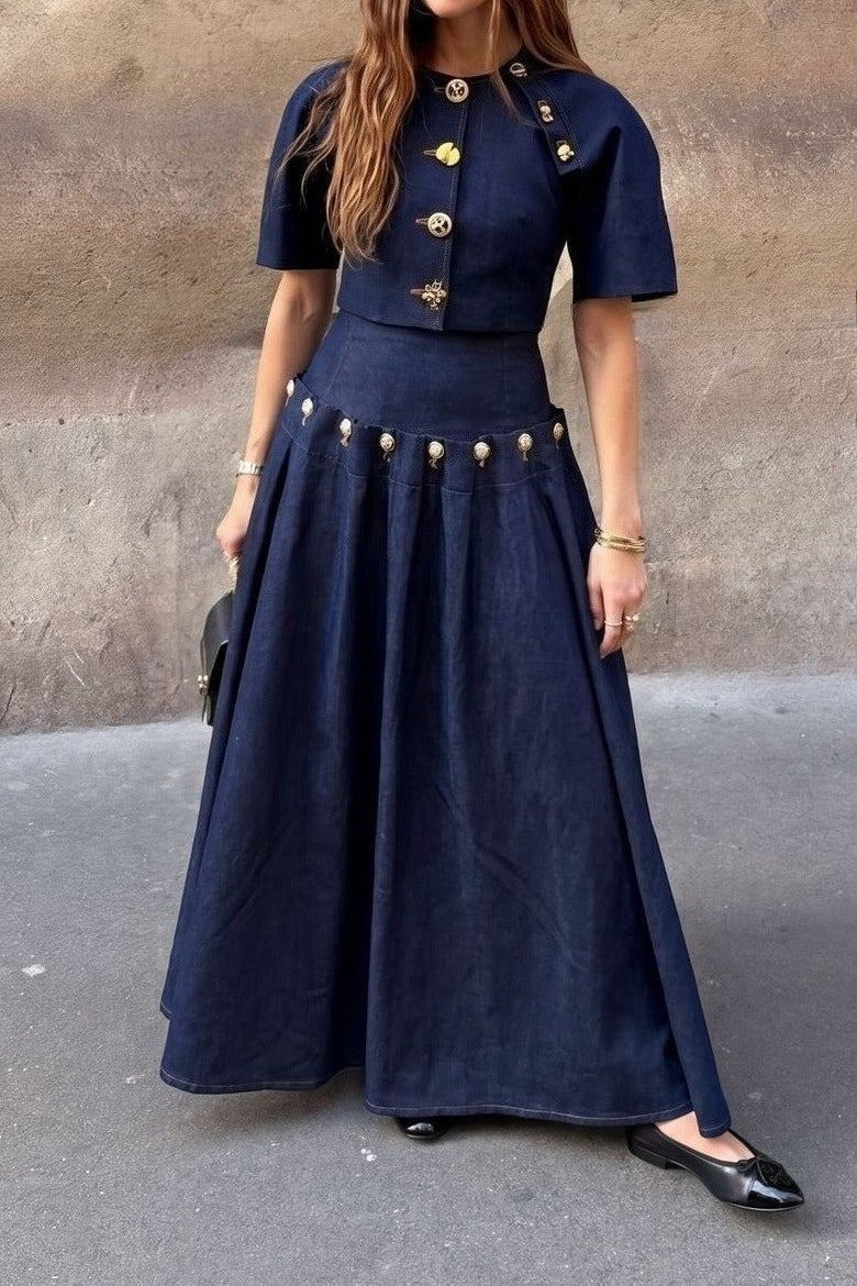 Statement Button Denim Top & Skirt Set Lavish Daily