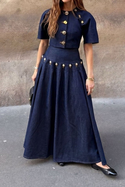 Statement Button Denim Top & Skirt Set Lavish Daily