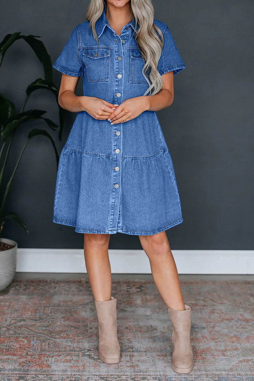 Short Sleeve Button-Up Denim Dress with Pockets Lavish Daily