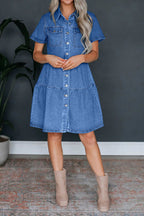Short Sleeve Button-Up Denim Dress with Pockets Lavish Daily