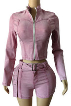 Washed Denim Zip Up Top & Shorts Set Lavish Daily