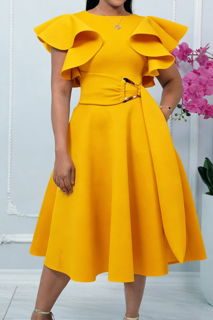 Elegant Ruffle Sleeve Belted Midi Dress Lavish Daily