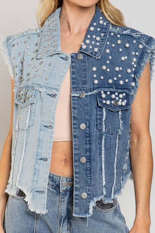 Two-Tone Pearl & Studded Distressed Denim Vest Lavish Daily