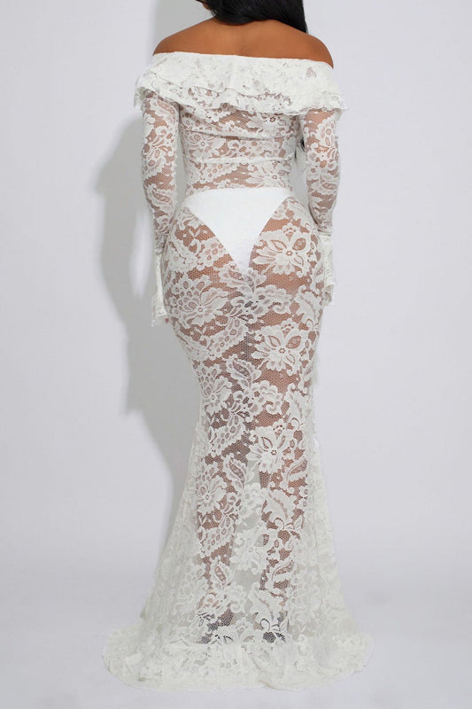 Sheer Lace Ruffled Slit Maxi Dress Lavish Daily