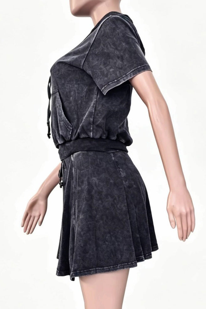 Mineral Wash Short Sleeve Hoodie & Skater Skirt Set Lavish Daily