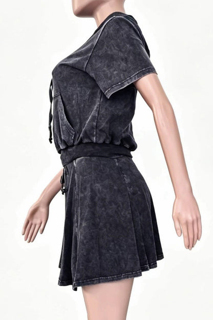 Mineral Wash Short Sleeve Hoodie & Skater Skirt Set Lavish Daily