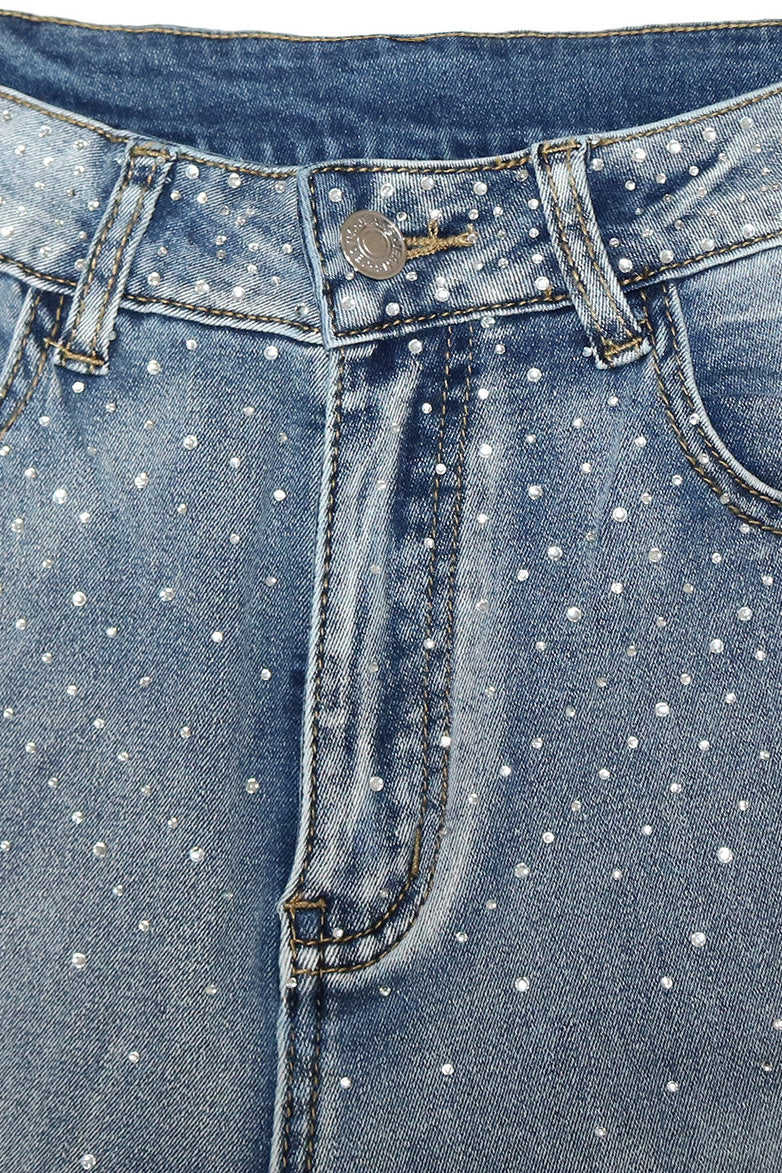 Rhinestone Straight Leg Jeans Pants Lavish Daily