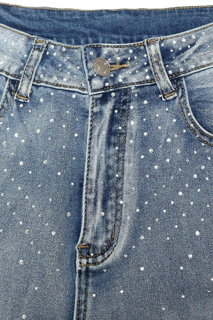 Rhinestone Straight Leg Jeans Pants Lavish Daily